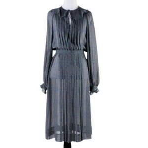Vintage 1970s/80s Grey/Blue Printed Sheer Secretary Dress with Necktie Medium